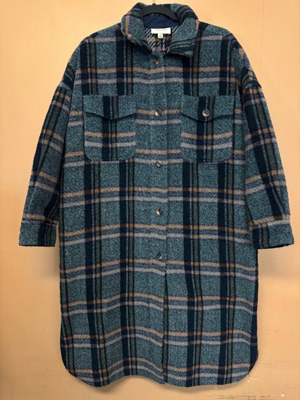 Anthropologie If By Sea Plaid Long Shacket Coat Oversized Brushed Button Blue